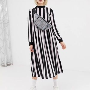Collusion Light Pink & Black Striped Long Sleeve Midi Dress